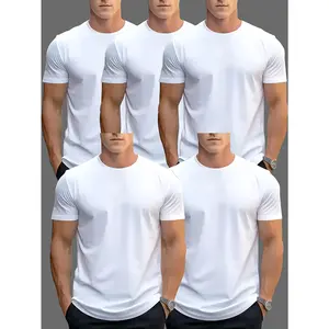 5pcs Mens Cotton Crewneck T-Shirts Solid White Multipack Bulk Value Pack Plain Blank Basic Tees Short Sleeve Shirt Essential Clothes for Layering Printing Everyday Clothing