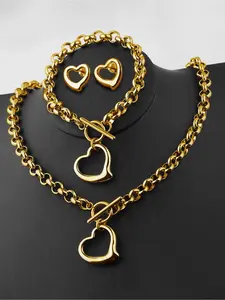 3-piece elegant and luxurious stainless steel Heart jewelry set, a high-quality and fashionable versatile jewelry set suitable for both women and men, perfect gift (the best choice for Thanksgiving, Mother's Day and other gift giving occasions)