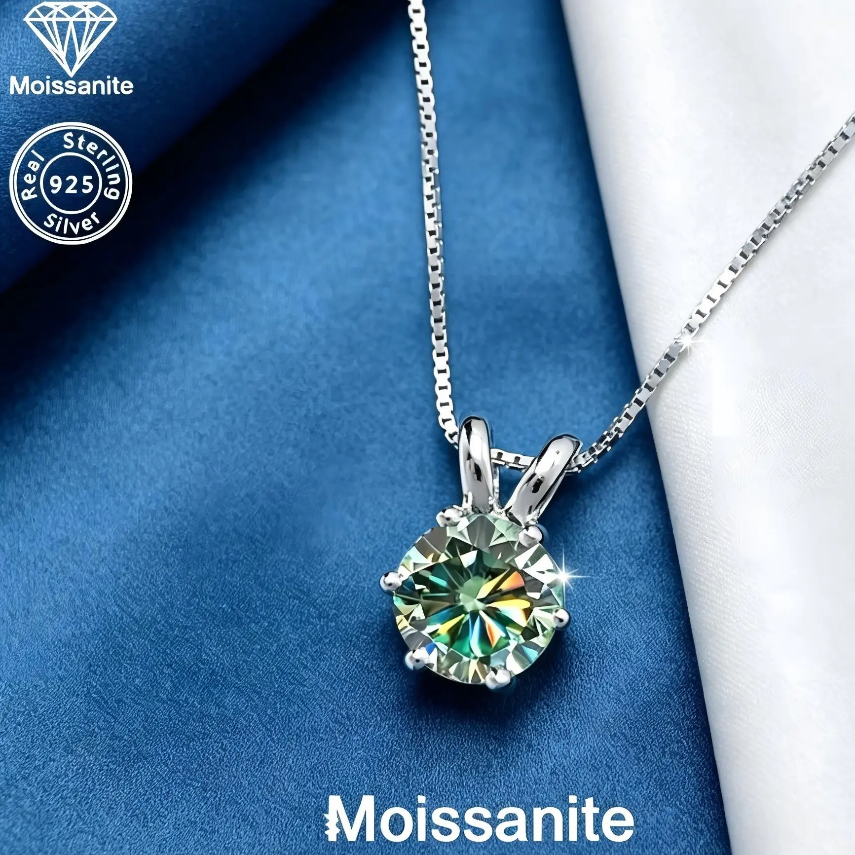 Unisex Classic 6-Prong Green Moissanite Necklace - Real 925 Silver Fine Fashion Costume Jewelry Accessory, Unisex Names, Minimalist Pendant Necklace, Moissanite Necklaces