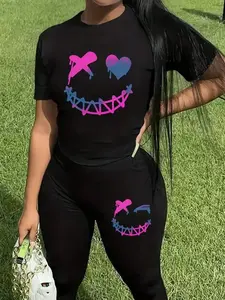 Women's Casual Fitted Short Sleeve Long Pants Set, Round Neck T-Shirt & Tight Shorts, All-Season Wear, Colorful Smile Print