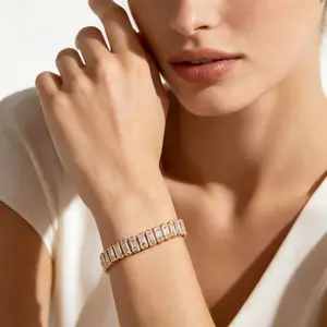 Elegant, refined, sparkling square zircon tennis bracelet with gold plating — adjustable, minimalist design for stacking; a versatile basic piece.