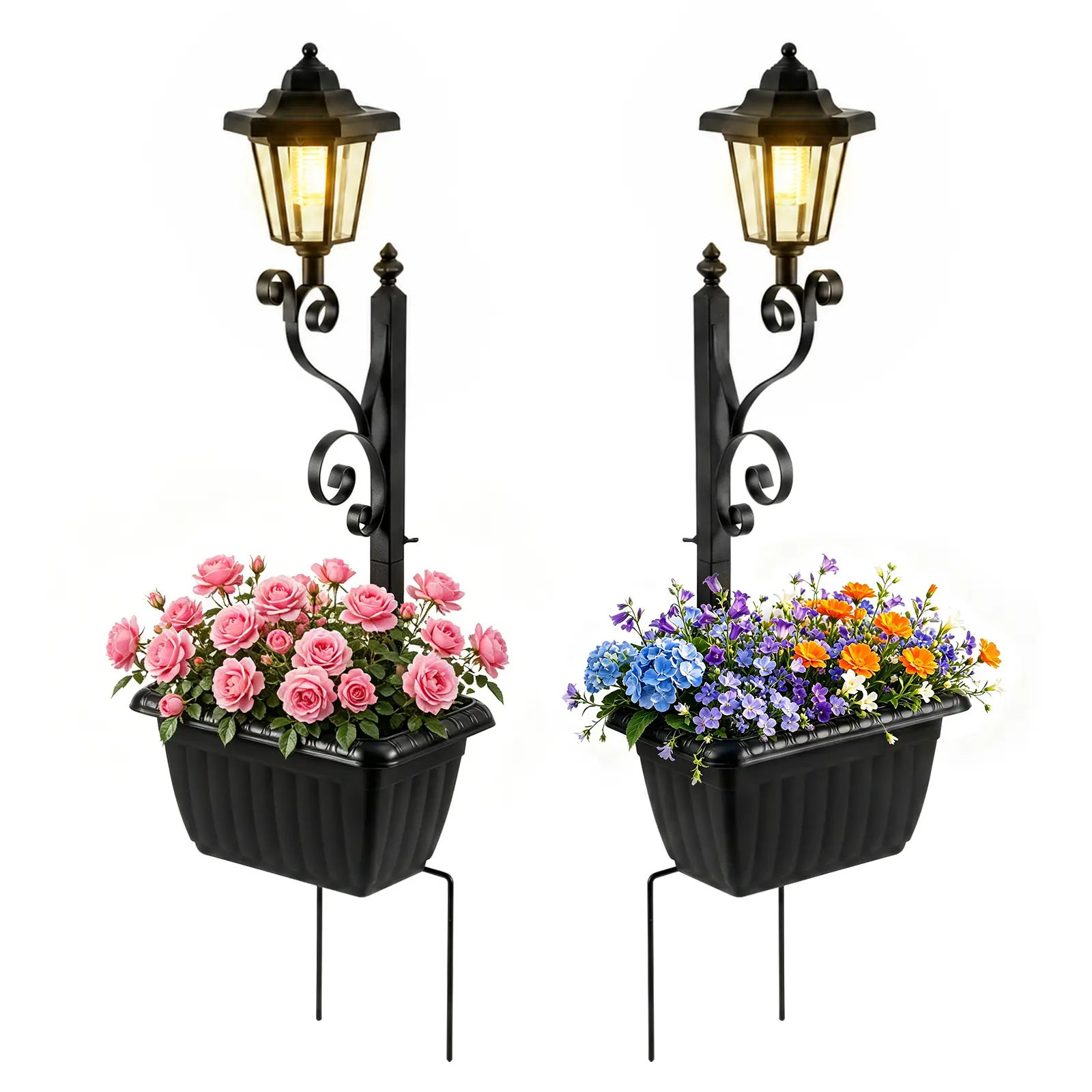 Solar Garden Light Post with Flower Pot, High‑Efficiency Solar Panel, IP44 Waterproof Auto On/Off Pathway Light for Patio, Lawn, Front Porch