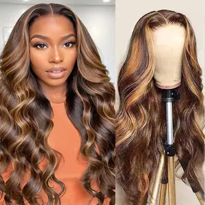 Ready to Wear Glueless Wig Human Hair Pre Plucked Pre Cut 5x5 HD Lace Closure Wigs Human Hair Body Wave Lace Front Wigs 180% Density 4/27 Ombre Highlight Honey Blonde Wig Human Hair 20 Inch