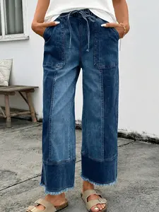 Women’s Drawstring Wide Leg Denim Pants, High Waisted Pull On Jeans with Patch Pockets, Seam Detail and Raw Hem for Casual Streetwear
