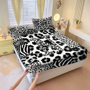 2/3Pcs Black & White Leopard Print Spliced Letter Fitted Sheet Set (1-2 Pillowcases, No Pillow Insert), All-Inclusive Non-Slip Mattress Cover, Skin-Friendly Durable Bedding for Bedroom Dorm