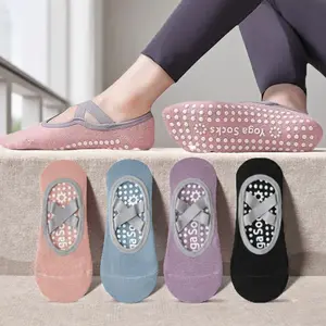 4 Pairs Yoga Socks Non slip Women's Socks Sports Fitness Silicone Breathable Towel Bottom Yoga Socks Bandage Dance Ballet Socks Cross Straps Yoga Fitness Socks