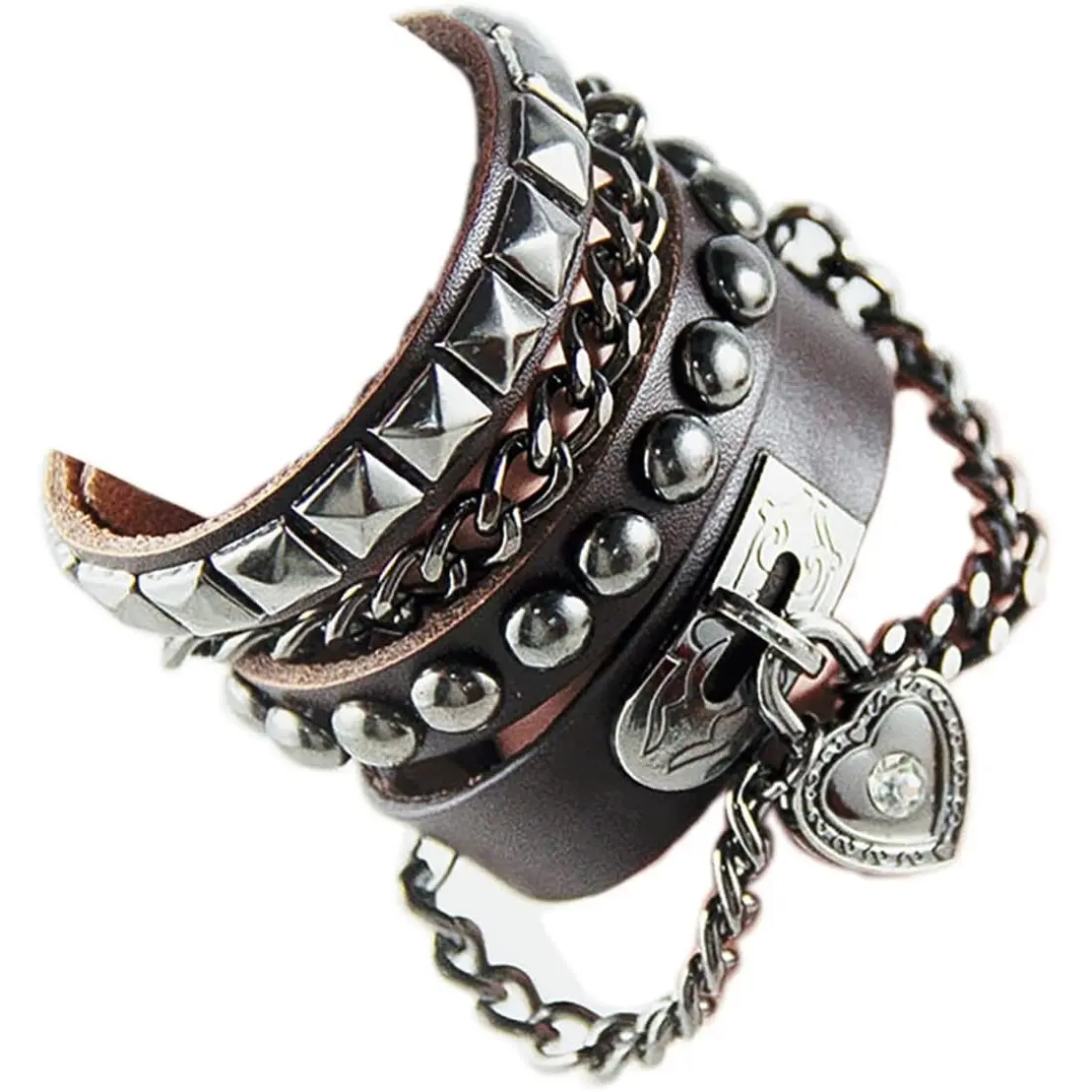 2Pcs Punk Layered Spike Rivet PU Leather Bangle Bracelet Set Gothic Adjustable Heart-shaped Studded Wristband Cuff for Men Women Teen Girl Handmade Halloween Cosplay Jewelry-A black
