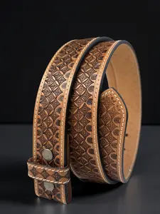 Men's Tooled Western Engraved Leather Belt 100% Genuine Full Grain Cowhide Belt Strap Cowboy 1.5" Wide Embossed Leather Snap-On Belt