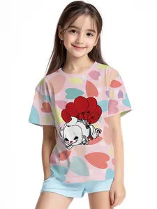 Colorful Heart Bottom Q-version Pennywise Red Balloon Digital Printing Summer Fashion Girls' Clothing, 100% Polyester Designed for Energetic Children, Cute Girls' Short-sleeve T-shirts, Summer Casual Children's Clothing, Outdoor Sports T-shirts