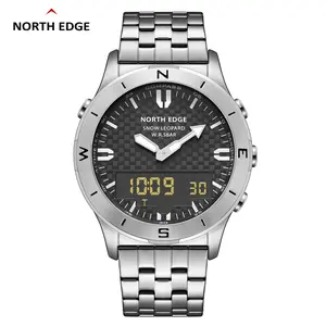 NORTH EDGE Men's Digital Sport Watch for Men Snow-leopard Stainless Steel Band Waterproof 50M Altimeter Barometer Compass Military Wristwatch