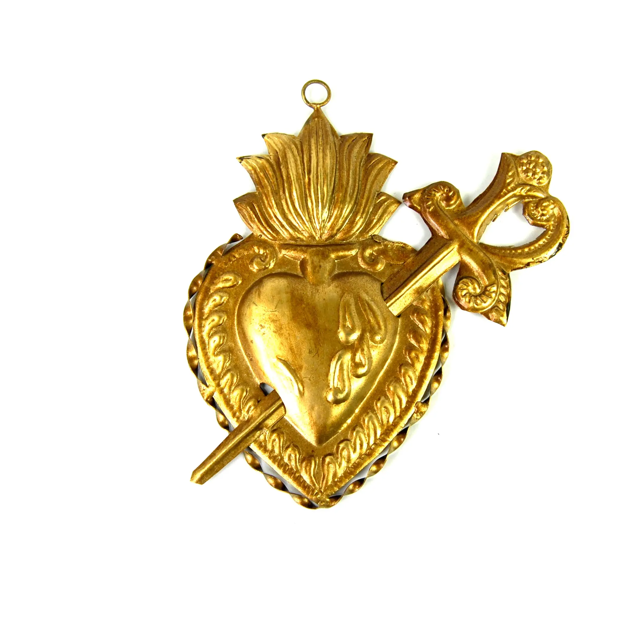 5.5" Sacred Heart Ex Voto Flaming Heart with Sword Milagro Ornament