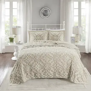 3 Piece Tufted Cotton Chenille Bedspread Set, Sabrina