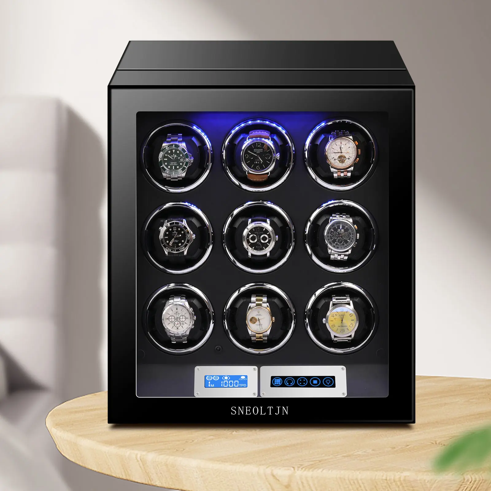 LELTNSOU Luxury 9-Slot Automatic Watch Winder Box - Quiet Rotation, Smart Touch Control, Key Lock, Plug-in Powered, Vachetta Leather Wristwatch Storage Organizer with Strap Adjuster Watch Accessories Watch Organizer
