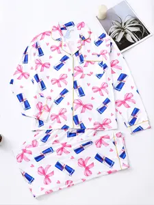 Women's Two-Piece Loungewear Set with Bow and Heart Pattern, Long-Sleeve Top and Pants with Pockets, Soft, Comfortable, Fitted Fabric, All-Season Casual Home Wear, Pajama Set