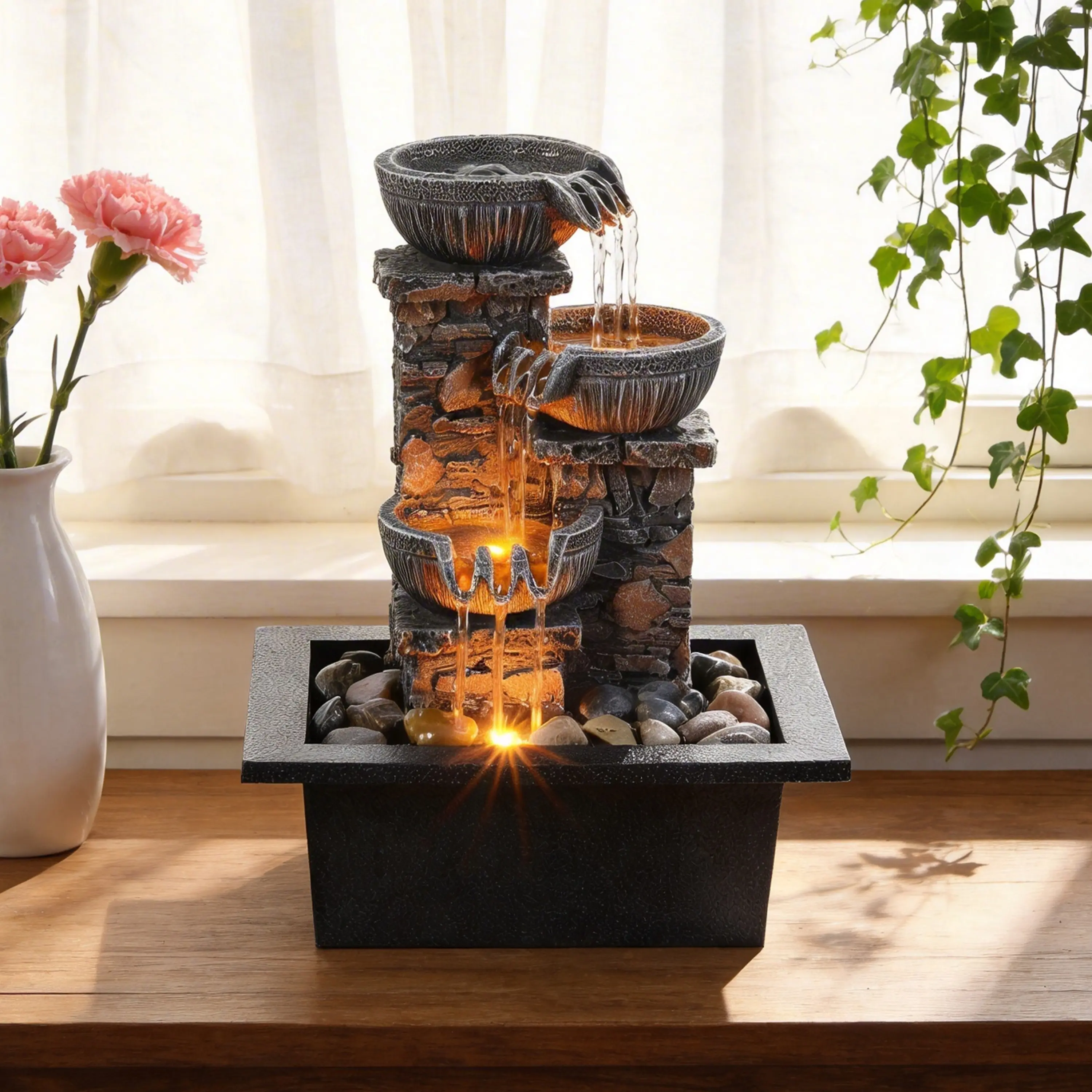 Tabletop water fountain made of resin with a stacked water flow design