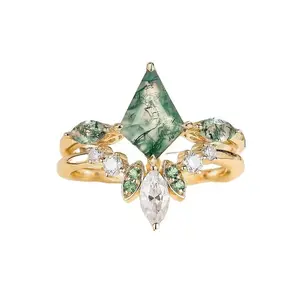 Vintage Kite-Cut Green Moss Agate Engagement Ring in Solid 18k Gold with Moissanite Accents Nature Inspired Bridal Promise Ring Dainty Wedding Band Anniversary Gift Handmade Customizable Jewelry Free US Shipping Lifetime Warranty