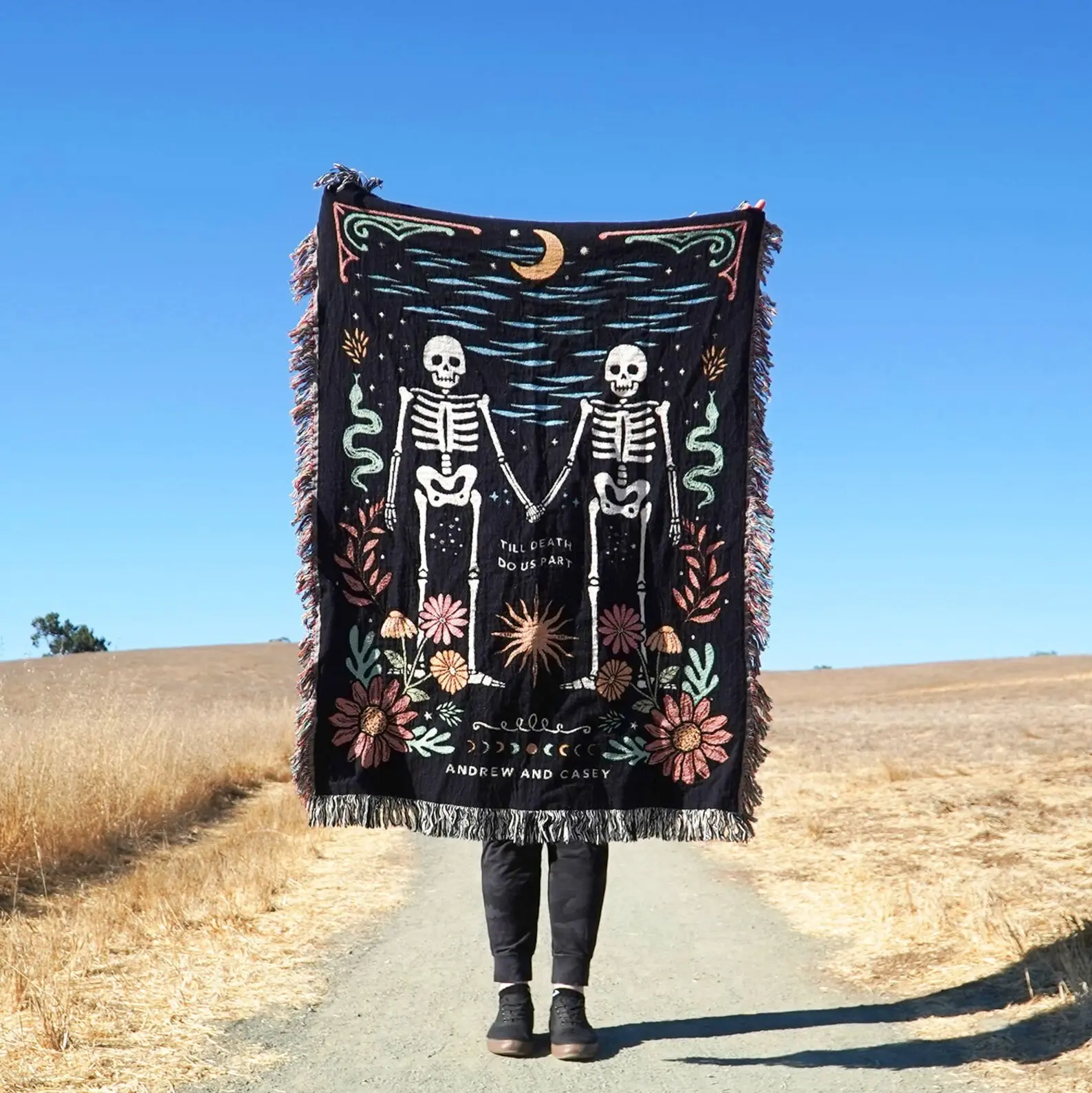 New Custom Couple Personalized Skeleton Woven Blanket For Couples Custom Goth Spooky Halloween Gifts Skeletons