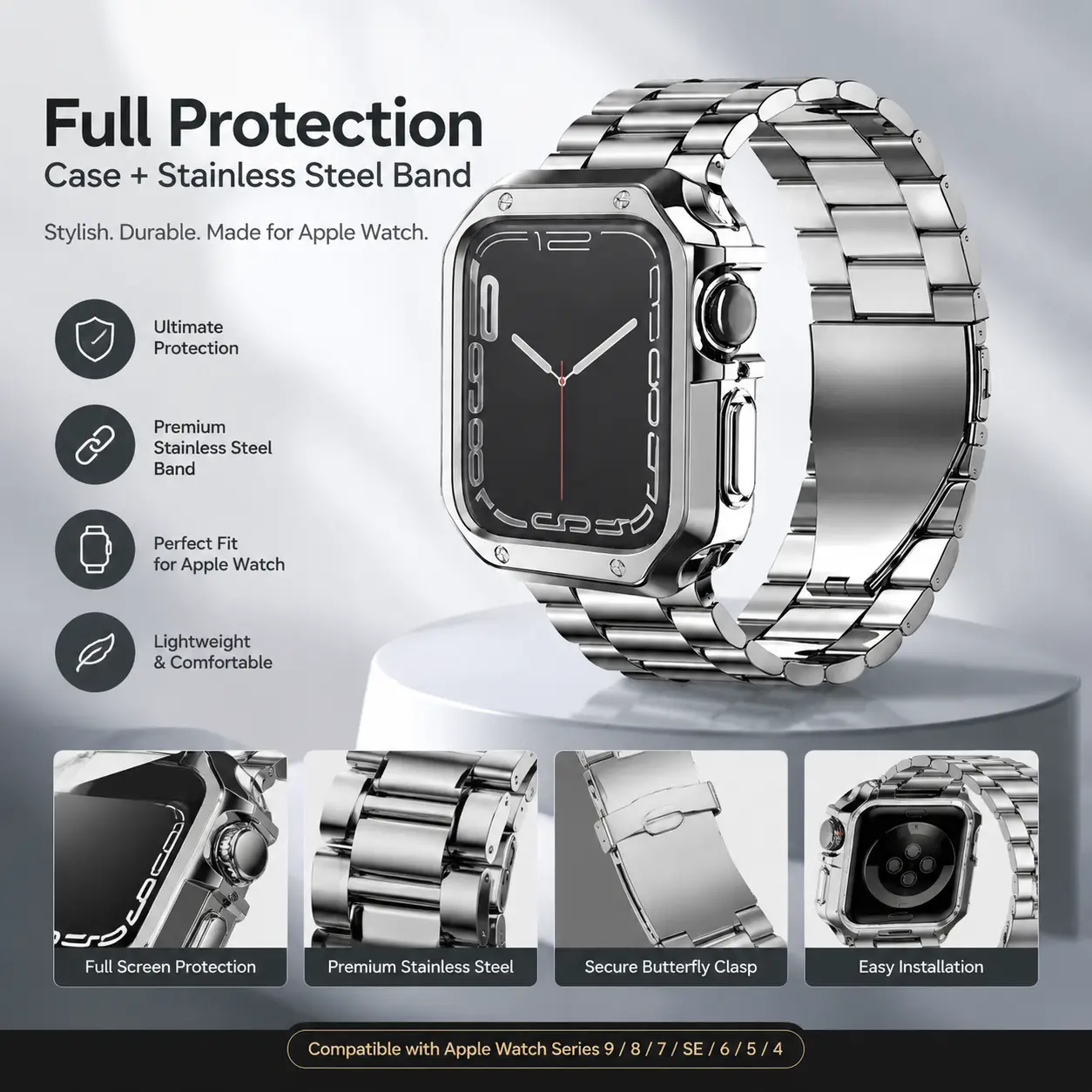 Rugged Armor Protective Case with Stainless Steel Buckle Band for Apple Watch 38mm-49mm, Durable Cover Strap Set Compatible with Ultra 2/Ultra Series 11-1 SE, Shockproof Replacement Wristband