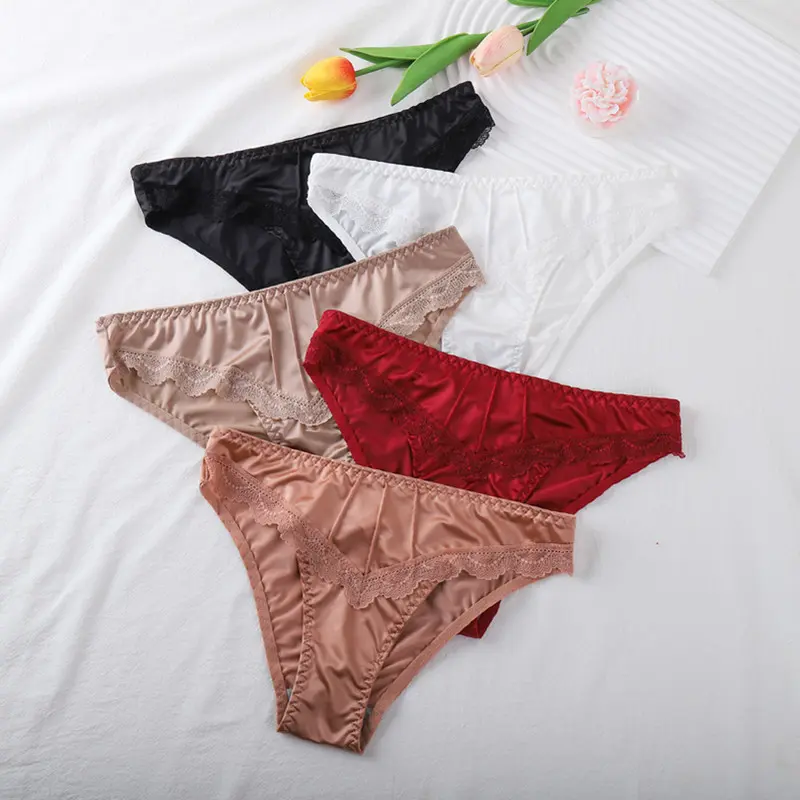 5-Pack Women's Chic Satin Panties, Solid Pastel Low Waist Design, Elegant Lace Trim, Seamless Comfortable Fit for Romance, Basic, Elegance, 5Pcs Mix Colors, Fantasy, Silky, Romantic, Four Seasons