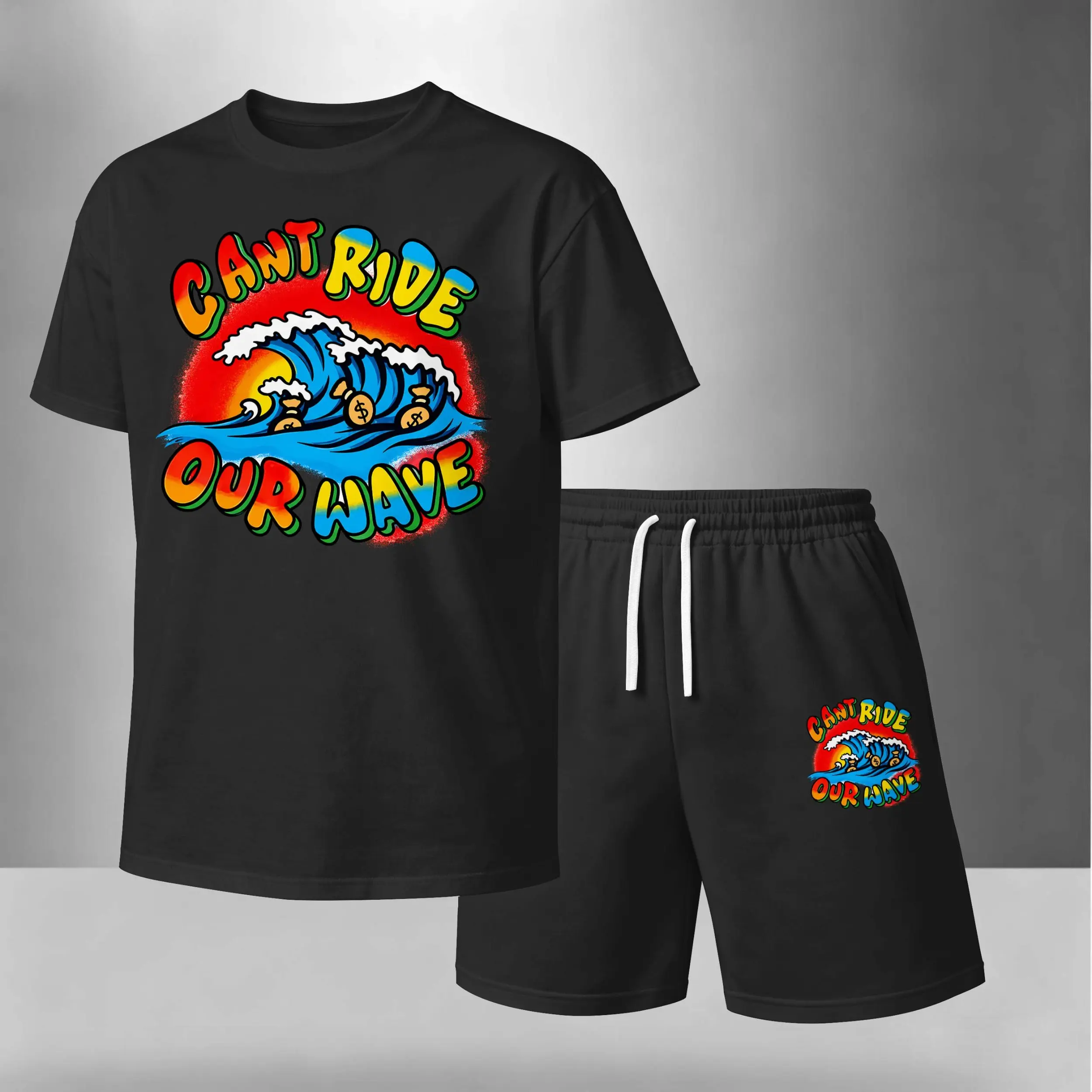 Men’s Summer 2 Piece Set, Ocean Waves Retro Letter Print Short Sleeve T Shirt and Drawstring Shorts Matching Outfit, Lightweight Breathable Casual Set for Travel, Streetwear, Beach, Vacation, and Daily Wear