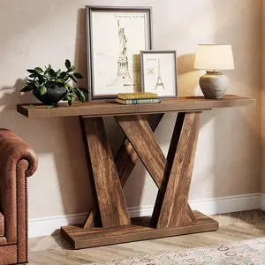 LITTLE TREE 55-Inch Farmhouse Console Table, Farmhouse Behind The Couch Table TV Stand with Geometric Base, Skinny Sofa Table Entryway Table for Entrance, Living Room, Hallway, Foyer