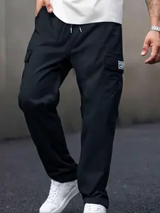 Men's Casual Fitted Cargo Pants Set, Solid Color Design, Drawstring Waist & Side Pocket Details, Perfect for Daily Activewear Athletic