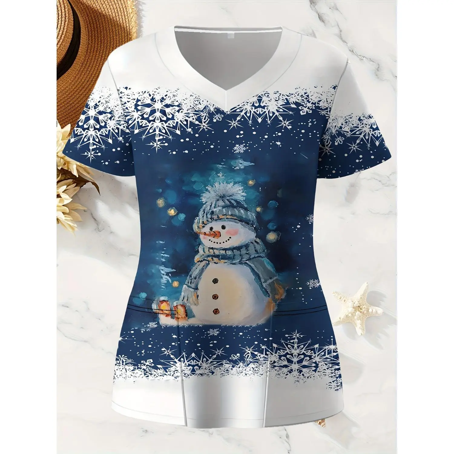Plus Size Christmas Creative Santa Claus Print Scrub Top - Stylish V-Neck, Functional Patch Pockets, High-Quality Women's Professional Healthcare Uniform for Working Women