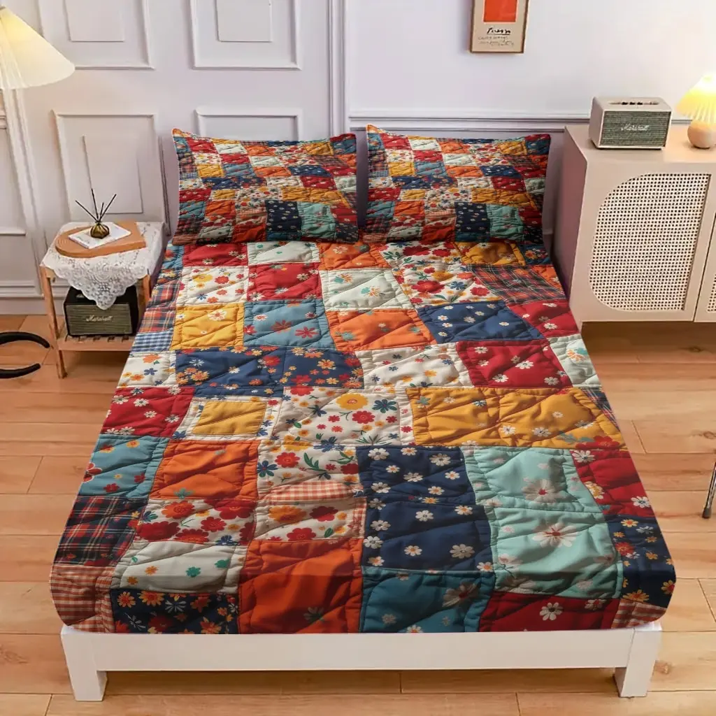3-Piece Comfortable Colorful Patchwork Blanket Bed Cover Set, High-Definition Digital Printing, Soft And Breathable, 100% Polyester Fiber Perfect Gift, Suitable For All Seasons, Perfect For Family And Friends, Floral Bedding Sets Clearance Sale
