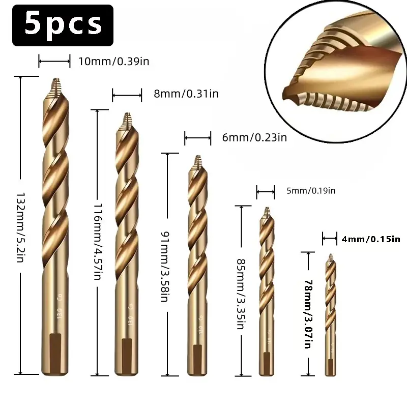 5-Piece M35 Cobalt Twist Drill Bit Set, 4-10mm High Hardness Drills, Ideal for Stainless Steel, Metal, Wood Boring, Spiral Drill Bit, Drill Bit Kit