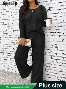 Women's Plus Size Long Pants Set, Casual High Waist Loose Wide Leg, Comfortable Soft Stretch Knit Fabric, Perfect for Daily Wear & Office Use
