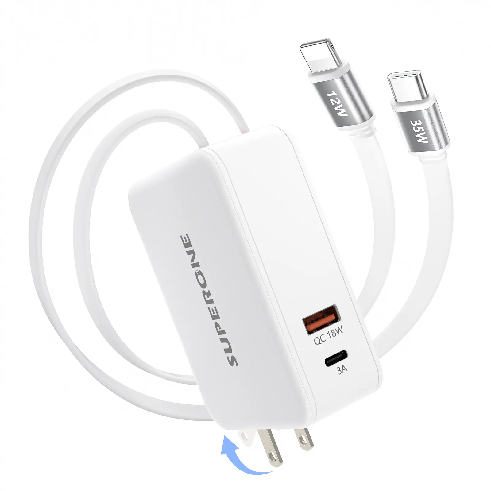 [Live]SUPERONE 4-in-1 Fast Charging 80W Durable Retractable Wall Charger with Foldable Plug, Dual Cords, 35W USB-C Port for iPhones, Samsung Smartphones & Mobile Devices - Bedside, iPhone, Dual Charging Options, Chargers, Iphone Charger