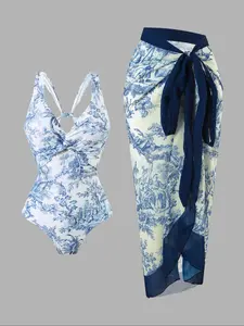 Women's Floral Print Swimsuit & Cover Up Skirt Set, Casual Fashion Swimwear Set for Beach Holiday Vacation, Ladies Summer Clothes, Leaf Print Swimsuit, Swimsuits Skirts