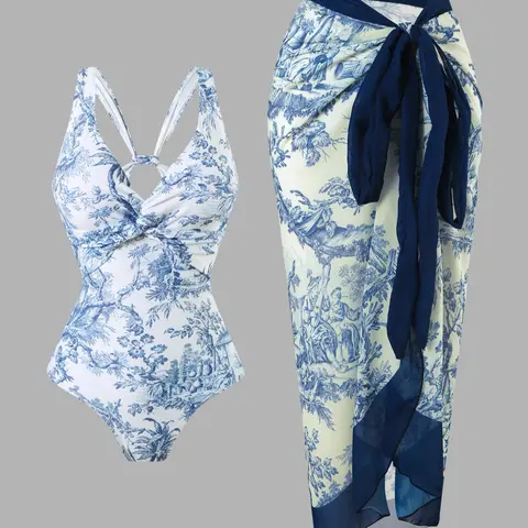 Women's Floral Print Swimsuit & Cover Up Skirt Set, Casual Fashion Swimwear Set for Beach Holiday Vacation, Ladies Summer Clothes, Leaf Print Swimsuit, Swimsuits Skirts, Beach Cover Ups, Beachwear Cover Up, Beachwear Coverups