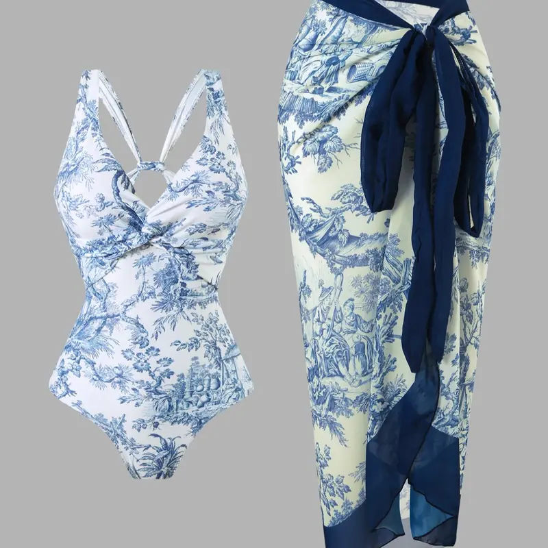 Women's Floral Print Swimsuit & Cover Up Skirt Set, Casual Fashion Swimwear Set for Beach Holiday Vacation, Ladies Summer Clothes, Leaf Print Swimsuit, Swimsuits Skirts, Beach Cover Ups, Beachwear Cover Up, Beachwear Coverups