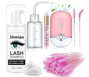 Lash Shampoo for Lash Extensions, 50ml Eyelash Foam Cleanser and 50 Pcs Eyelash Brush and Rinse Bottle Mini Fan Oil Free/Sulfate Free Eyelash Wash Remover For Eyelash Extension Makeup Removel