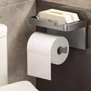 Wall-Mounted Toilet Paper Holder with Phone Rack (Black)