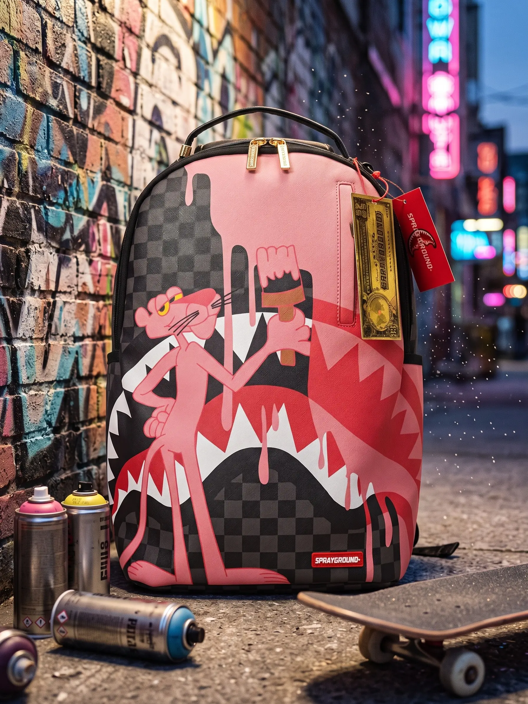 SG Pink Paint-Drip Shark Backpack, Unisex Streetwear Cartoon Urban Style Bag, Spacious Durable Daypack for School & Travel