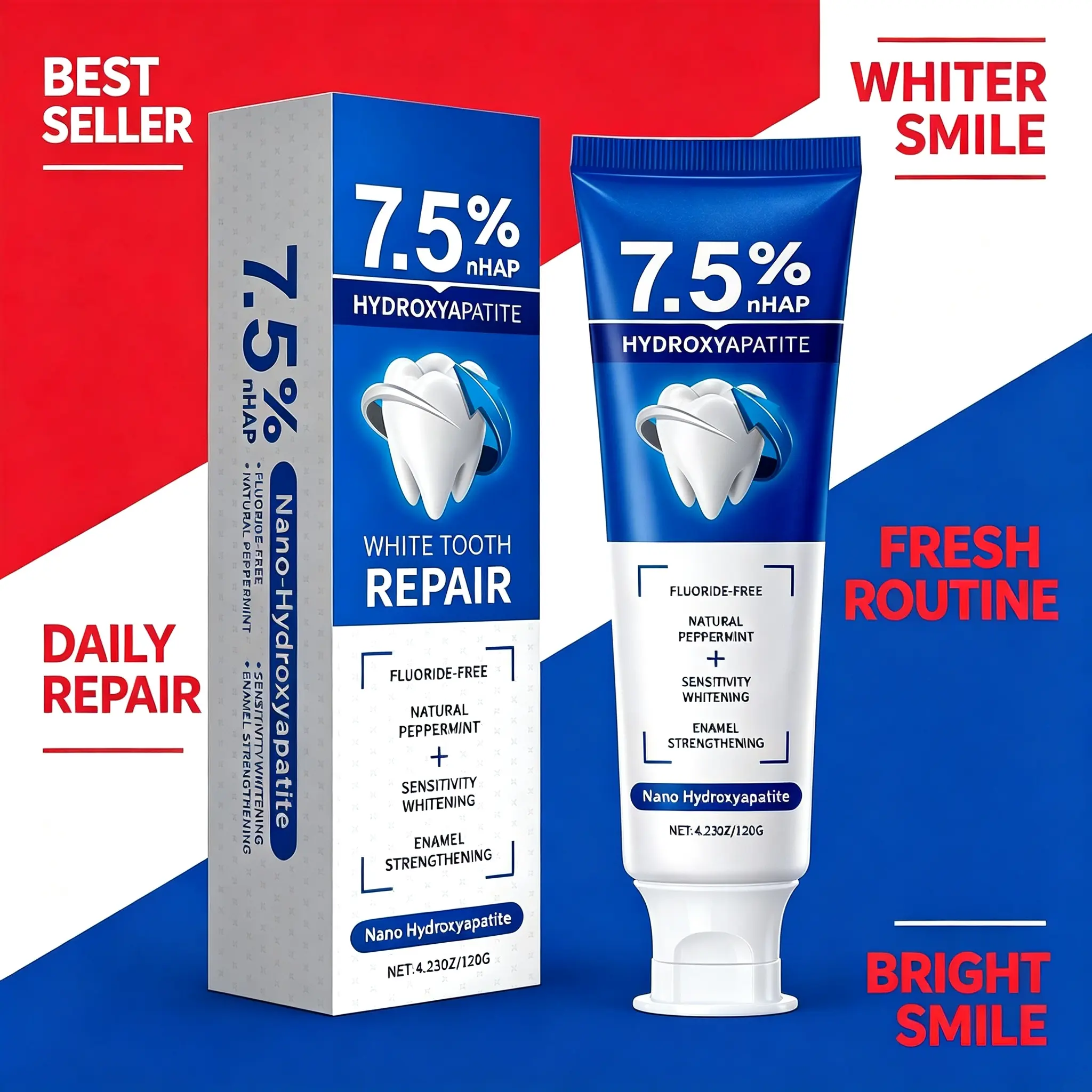 7.5% Nano Hydroxyapatite Fluoride-Free Whitening Toothpaste - 4.23 oz Fresh Mint Flavor Soothing Toothpaste for Fresh Breath, Daily Oral Care, Soothing Toothpastes