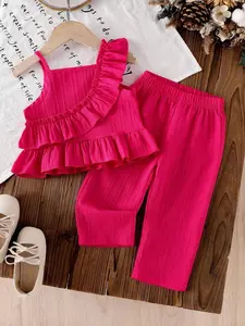 Baby Girl Dragonfruit Color Ruffle Halter Top Set, Summer Sweet Style Pleated Shirt & Casual Straight Leg Pants Two-Piece Set