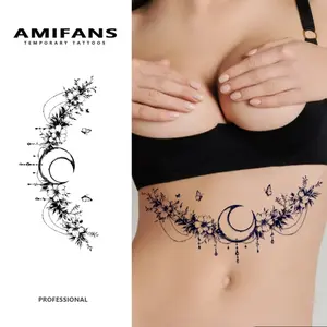 AMIFANS Temporary Tattoo Crescent Moon Floral Garland, Semi Permanent Tattoo,Lasting 1-2 Weeks Tattoo, Long Lasting Tattoo, Juice Tattoo, Realistic Tattoo, Romantic Tattoo, Fake Tattoo, Waterproof, Authentic Tattoo Look, Niche Design Tattoo, Fruit Tattoo