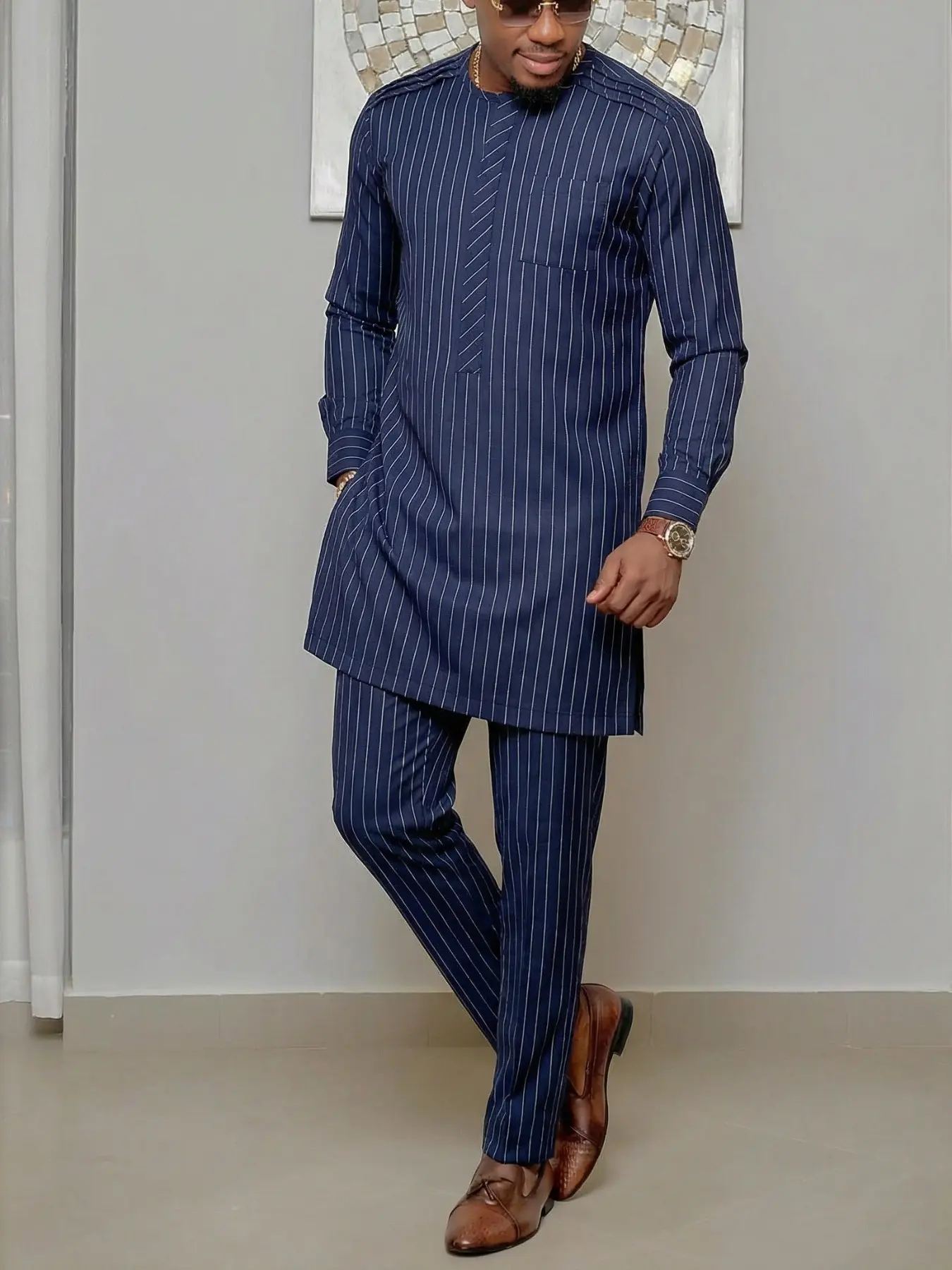 Men's Muslim Kaftan Set, Fitted Round Neck Long Sleeve Striped Blouse & Pants, Casual African Traditional Clothing, Wedding Party Business Gift