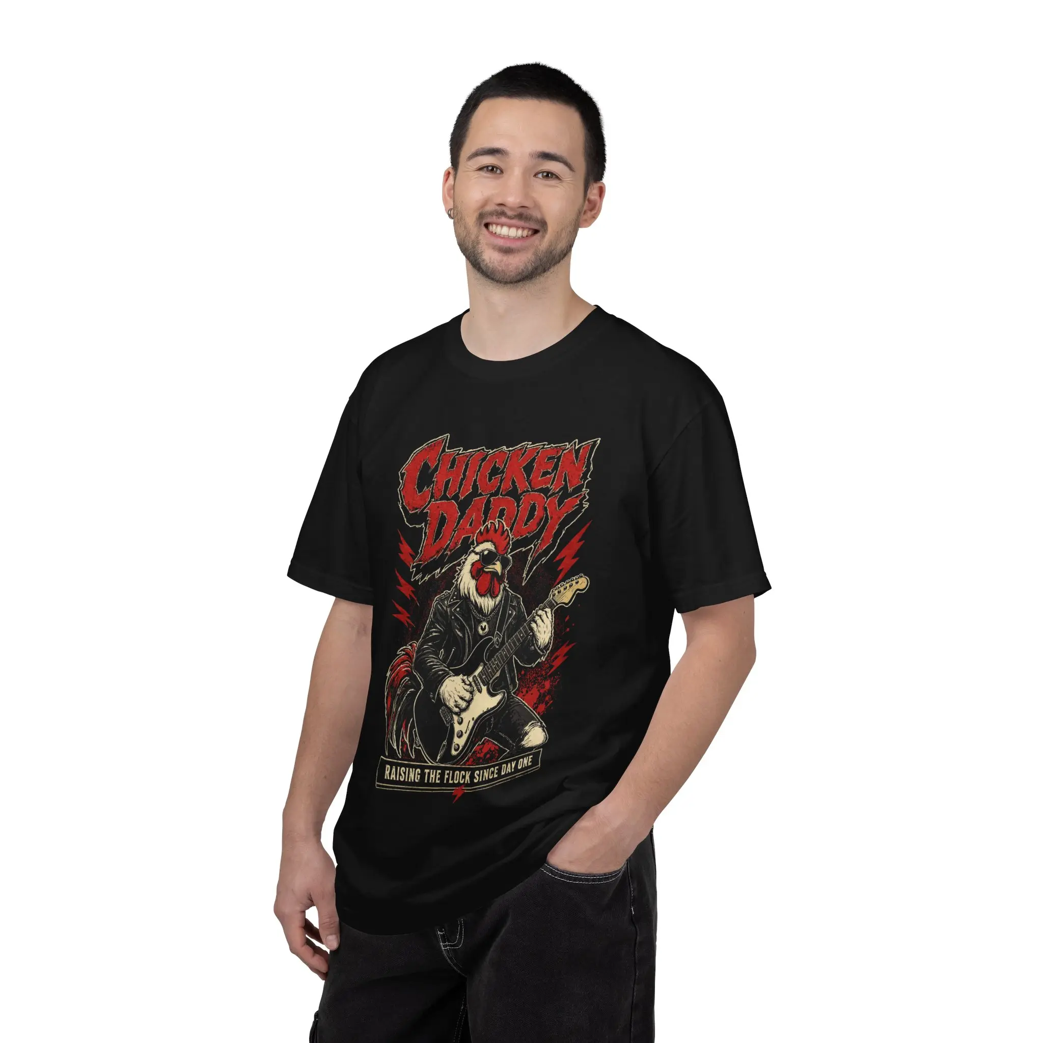 Chicken Daddy Comfort Colors Tee | Rock Band Rooster Graphic T-Shirt | Raising the Flock Since Day One | Funny Backyard Chicken Gift