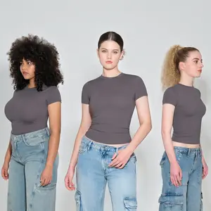 PUMIEY Snatched Fitted T-Shirt, Double Layer Crew Neck Tee, Buttery Soft Stretchy Basic, Minimal Everyday Essential summerwins