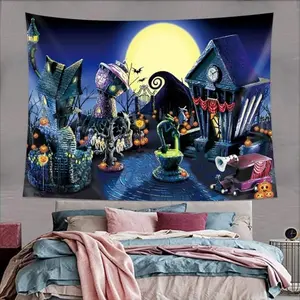 Apiawa Full Moon Tapestry Nightmare Themed Party Backdrop Before Christmas Photography Night and Pumpkins Decoration Wall Hanging for Bedroom Living Room Dorm Decor for Halloween