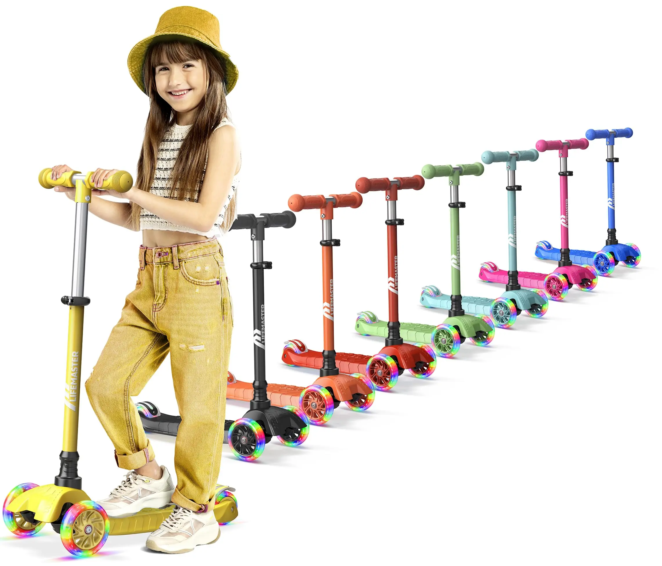 Lifemaster Mini 3-Wheel Kids Scooter with Multi-Color Wheel Lights – 4-Height Adjustable Handlebar, Wide Anti-Slip Deck, Child Safety Certified, Boys & Girls Ages 2+ Supports Up to 110 lbs, Yellow