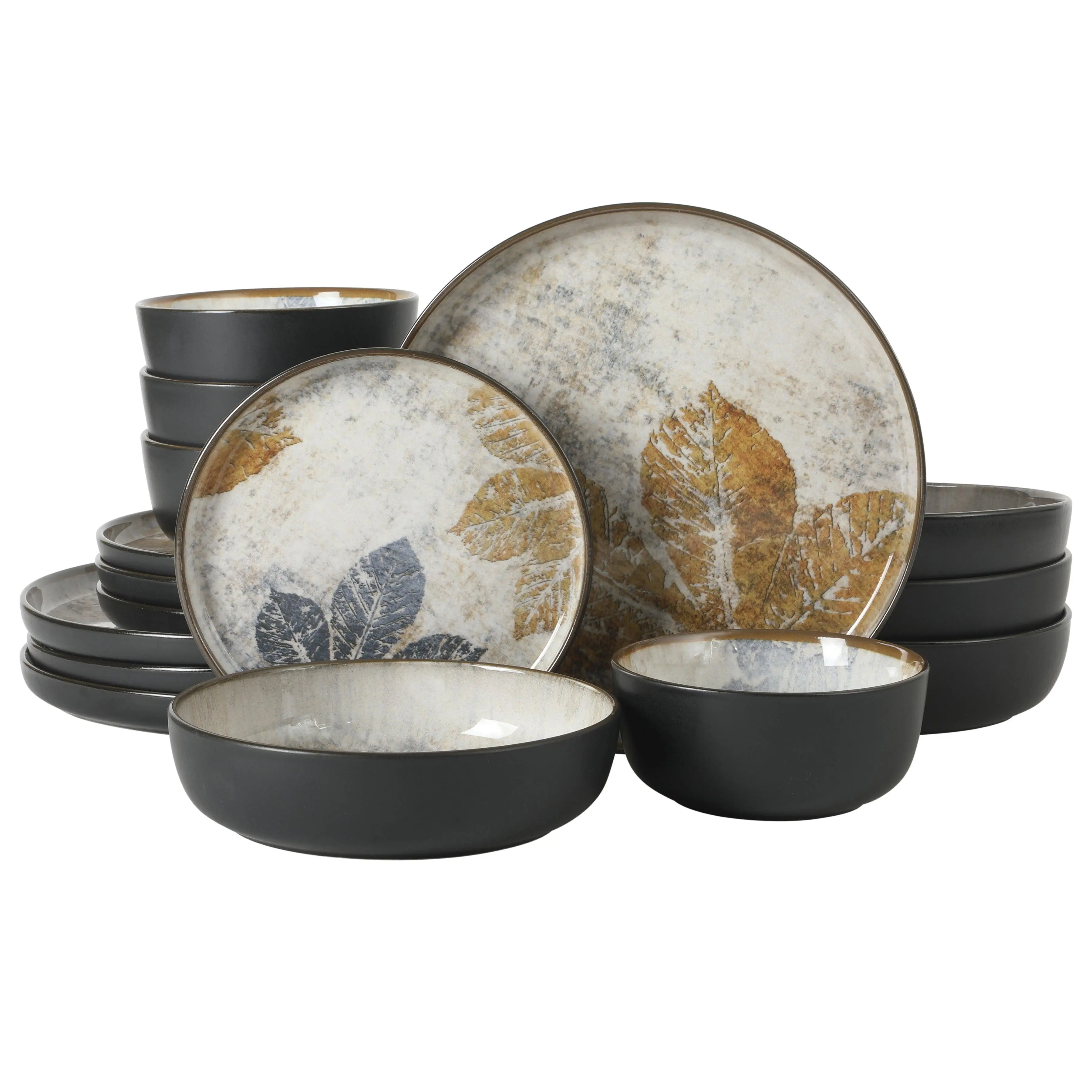 Gibson Elite Chantilly Hill 16-Piece Dinnerware Set, Round Plates & Bowls, Multicolor Leaf Design, Microwave & Dishwasher Safe, Service for 4