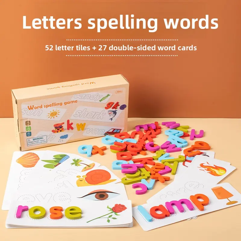 Wood 52-Piece Word Spelling Toy, Alphabet & Word Tracing Language Toy for Toddler Learning Activities & Creative Play, 52 Letter Tiles Flat Puzzle, Kindergarten Early Education Teaching Aid