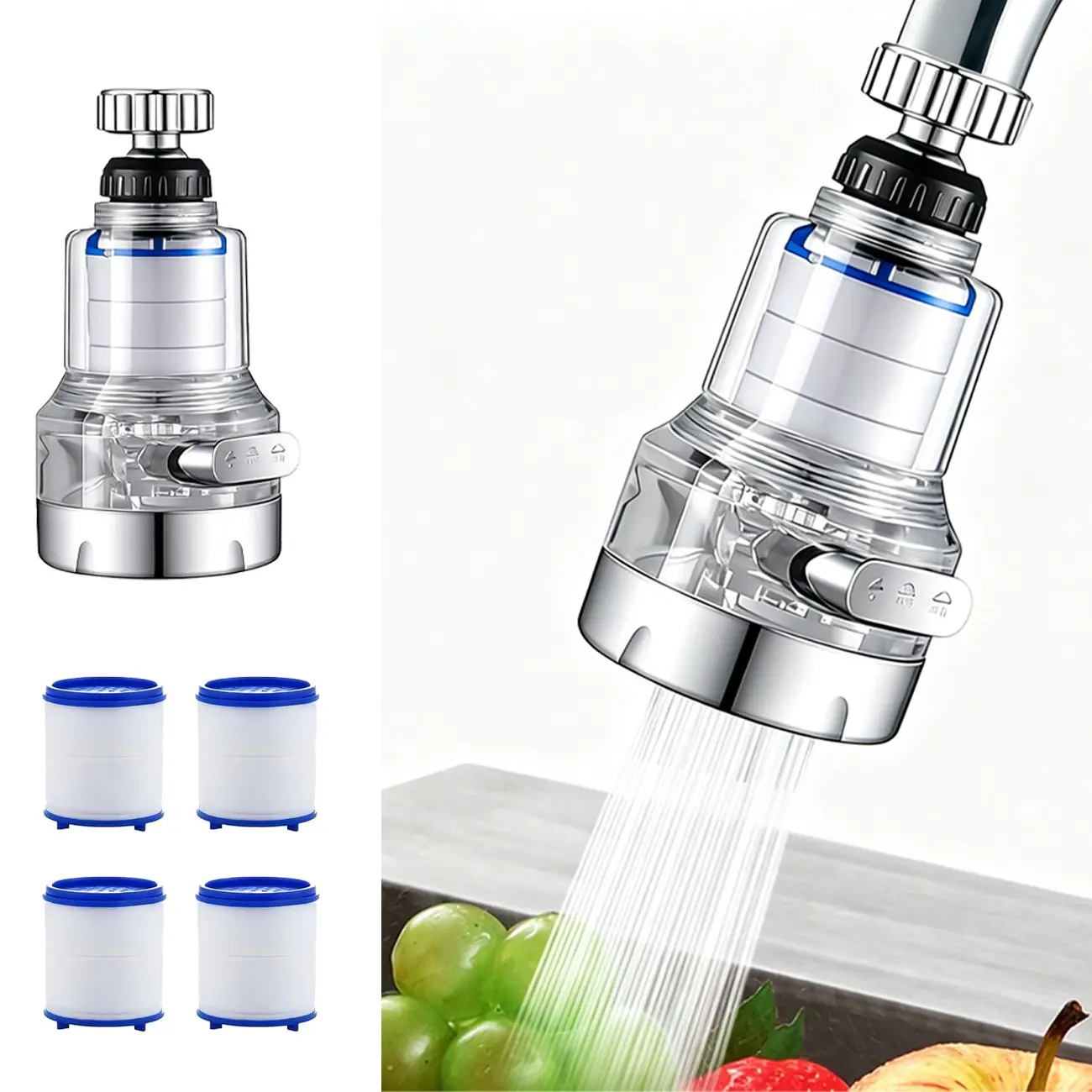360° Rotatable Splash-Proof Water Purifier, Home High-Pressure Water Saving Faucet Aerator, Includes 4 Replacement Filters, Replacement Filters Set