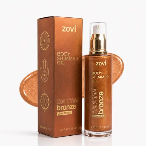 Zovi Body Glow Shimmer Oil, 2-in-1 Luminous Body Highlighter & Fragrance Oil with Jojoba Oil, Vitamin E & Seaweed Extract, Silky Lightweight Fine Shimmer, Warm Cocoa Scent - Caramel Bronze