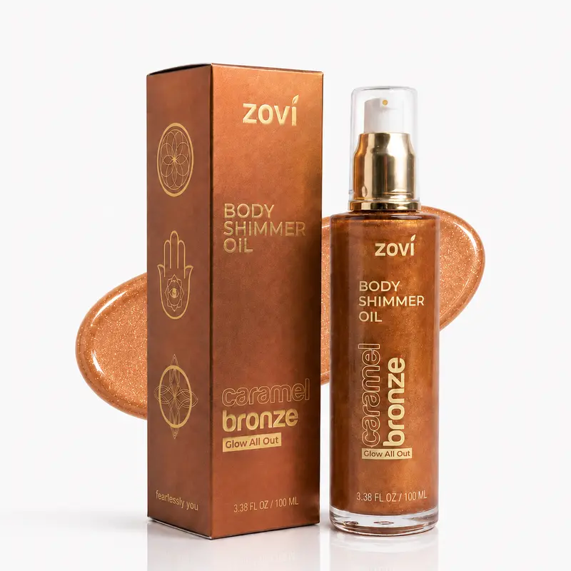 Zovi Body Glow Shimmer Oil, 2-in-1 Luminous Body Highlighter & Fragrance Oil with Jojoba Oil, Vitamin E & Seaweed Extract, Silky Lightweight Fine Shimmer, Warm Cocoa Scent - Caramel Bronze